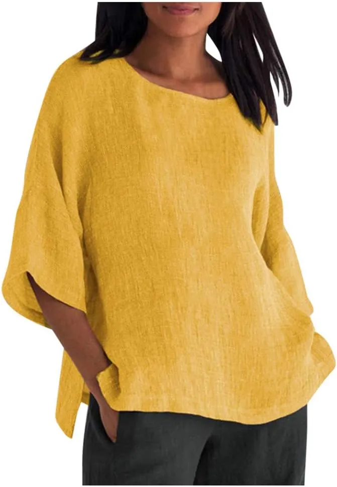 Linen Shirts for Women Summer Cotton Crewneck Blouses Casual Loose Fit Short Sleeve Tunic Tops Soft Side Split Tees
