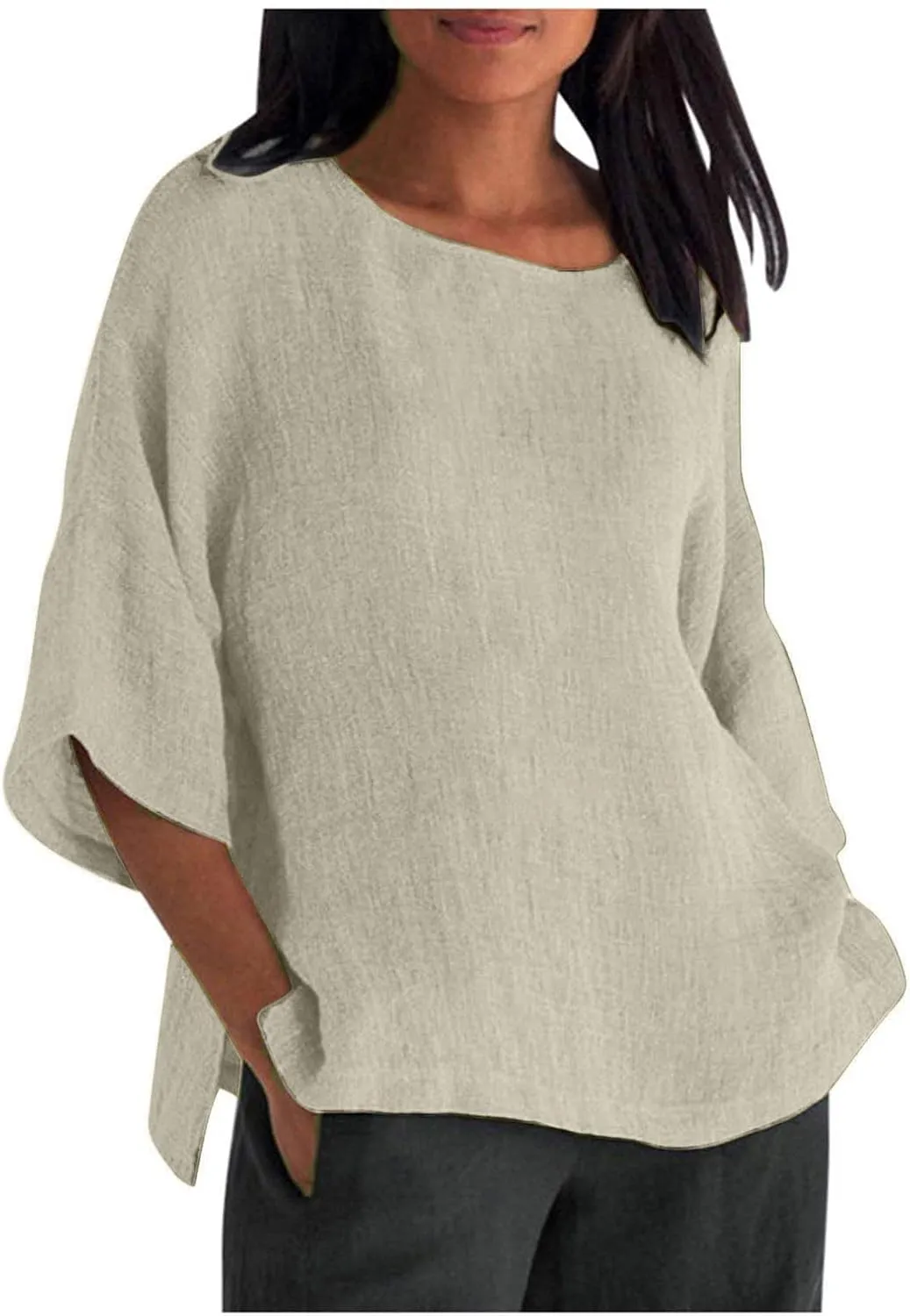 Linen Shirts for Women Summer Cotton Crewneck Blouses Casual Loose Fit Short Sleeve Tunic Tops Soft Side Split Tees