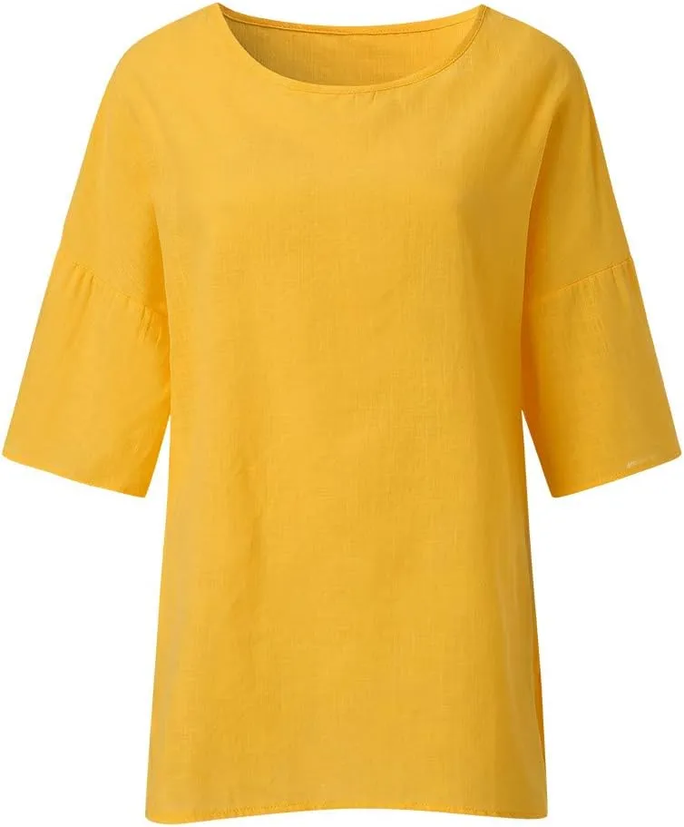 Linen Shirts for Women Summer Cotton Crewneck Blouses Casual Loose Fit Short Sleeve Tunic Tops Soft Side Split Tees