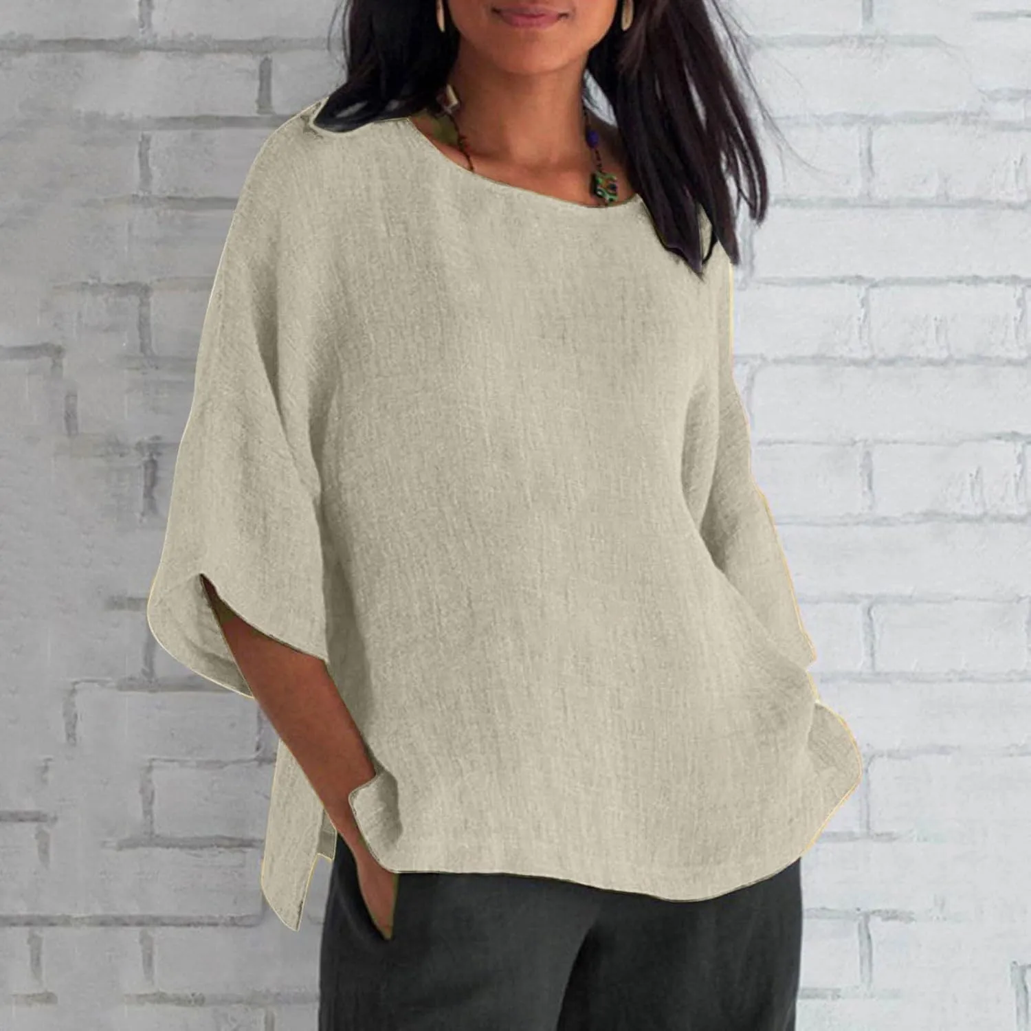 Linen Shirts for Women Summer Cotton Crewneck Blouses Casual Loose Fit Short Sleeve Tunic Tops Soft Side Split Tees