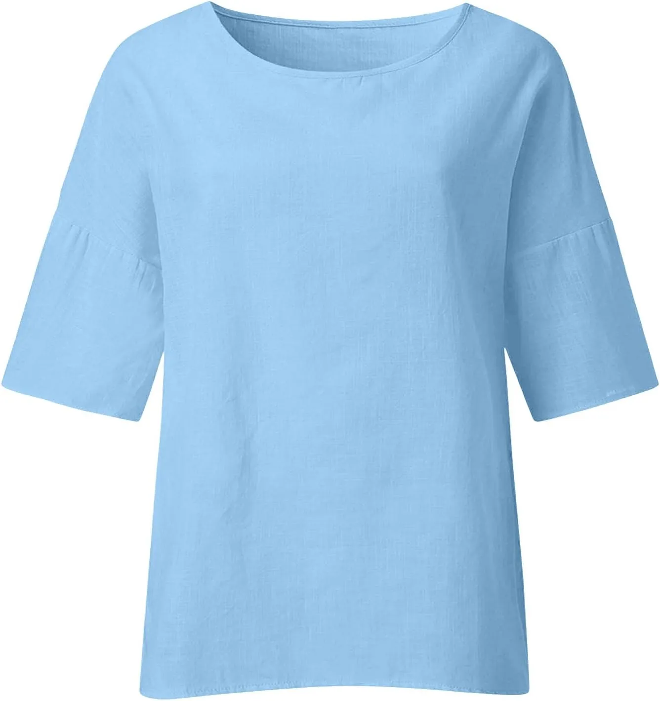 Linen Shirts for Women Summer Cotton Crewneck Blouses Casual Loose Fit Short Sleeve Tunic Tops Soft Side Split Tees