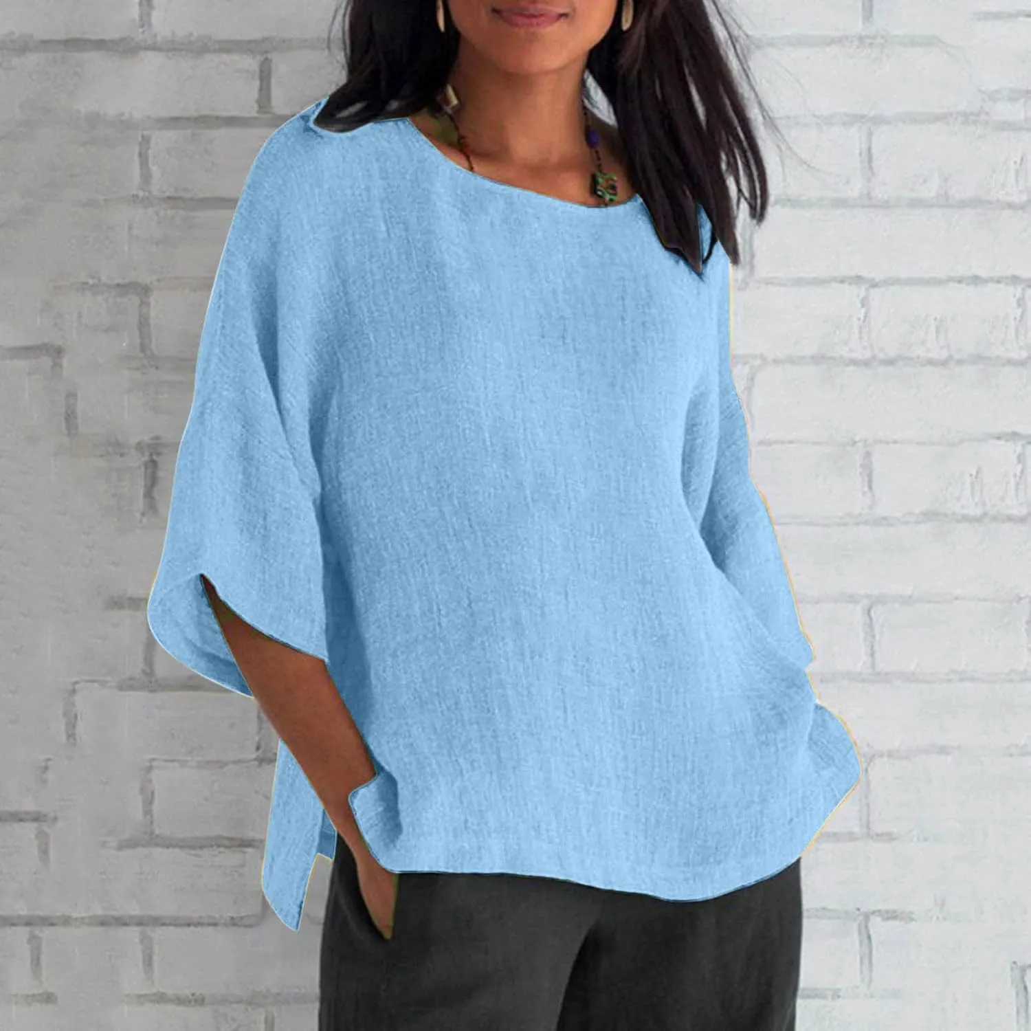 Linen Shirts for Women Summer Cotton Crewneck Blouses Casual Loose Fit Short Sleeve Tunic Tops Soft Side Split Tees