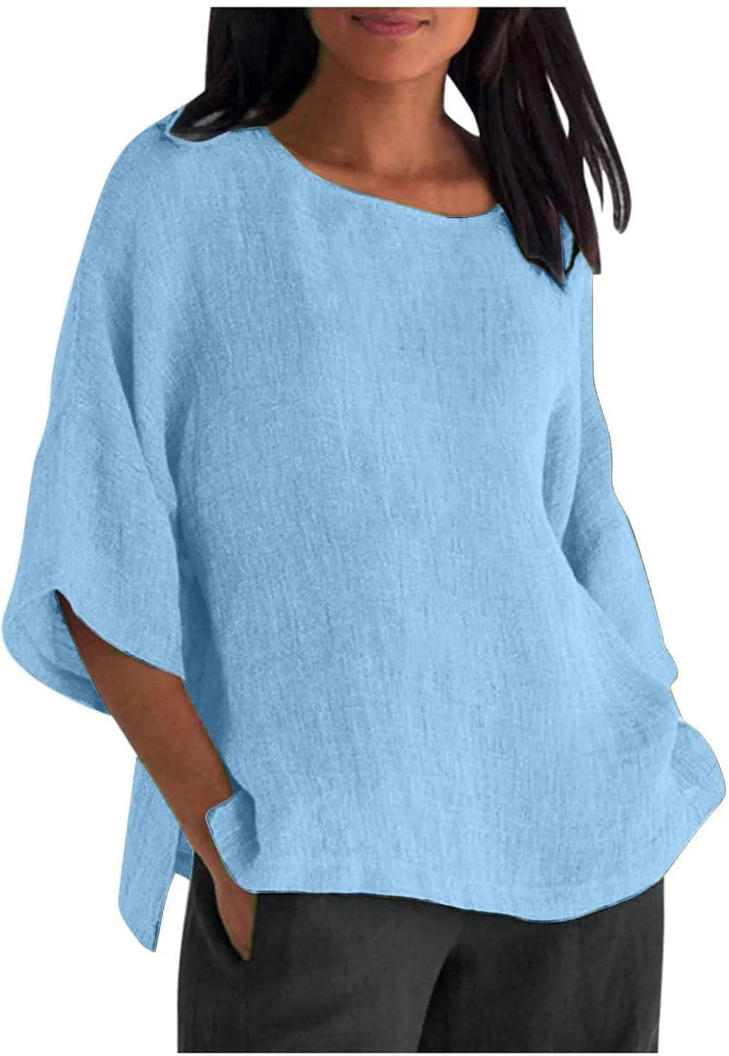 Linen Shirts for Women Summer Cotton Crewneck Blouses Casual Loose Fit Short Sleeve Tunic Tops Soft Side Split Tees