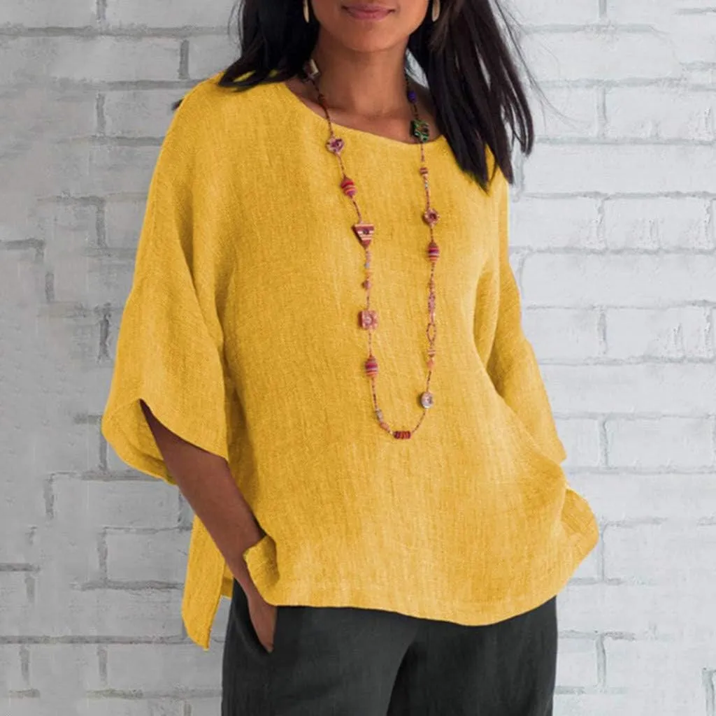 Linen Shirts for Women Summer Cotton Crewneck Blouses Casual Loose Fit Short Sleeve Tunic Tops Soft Side Split Tees
