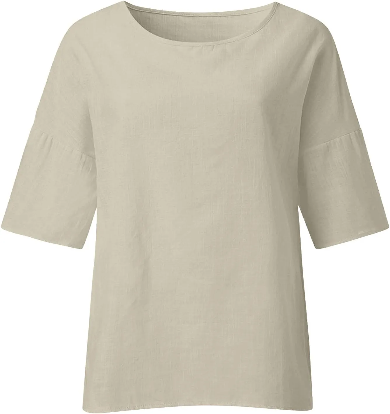 Linen Shirts for Women Summer Cotton Crewneck Blouses Casual Loose Fit Short Sleeve Tunic Tops Soft Side Split Tees