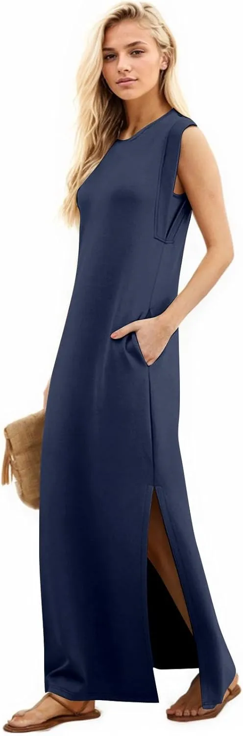 Long Maxi Dresses for Women Summer Casual Dress Crewneck Sleeveless Sundress Loose Fit Split Beach Dress with Pocket