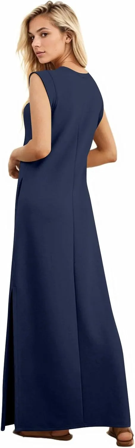 Long Maxi Dresses for Women Summer Casual Dress Crewneck Sleeveless Sundress Loose Fit Split Beach Dress with Pocket