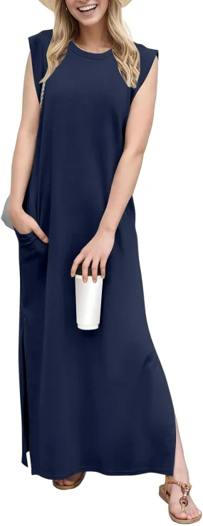 Long Maxi Dresses for Women Summer Casual Dress Crewneck Sleeveless Sundress Loose Fit Split Beach Dress with Pocket