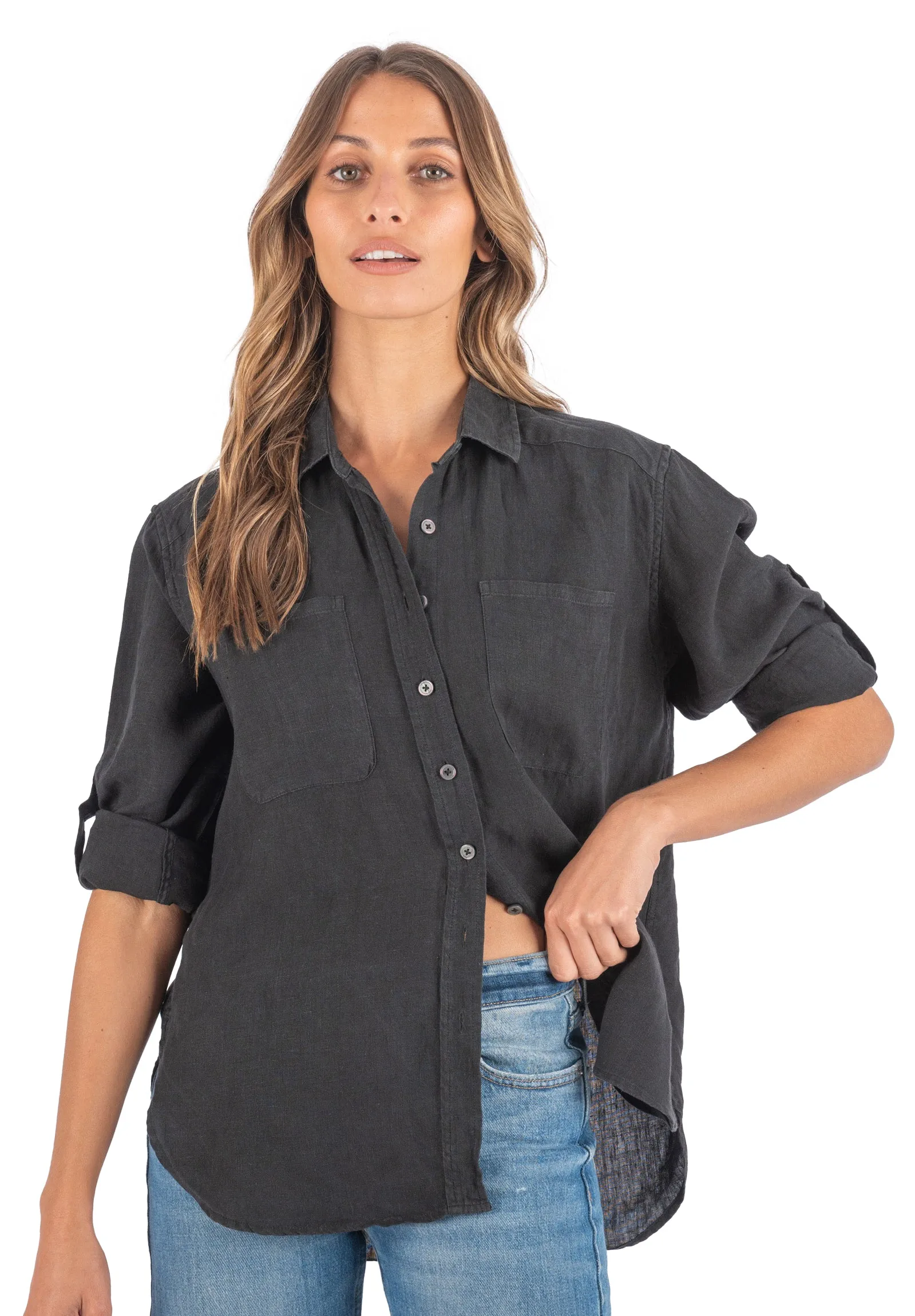 Luna Black Oversized Linen Shirt with Pockets