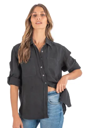 Luna Black Oversized Linen Shirt with Pockets