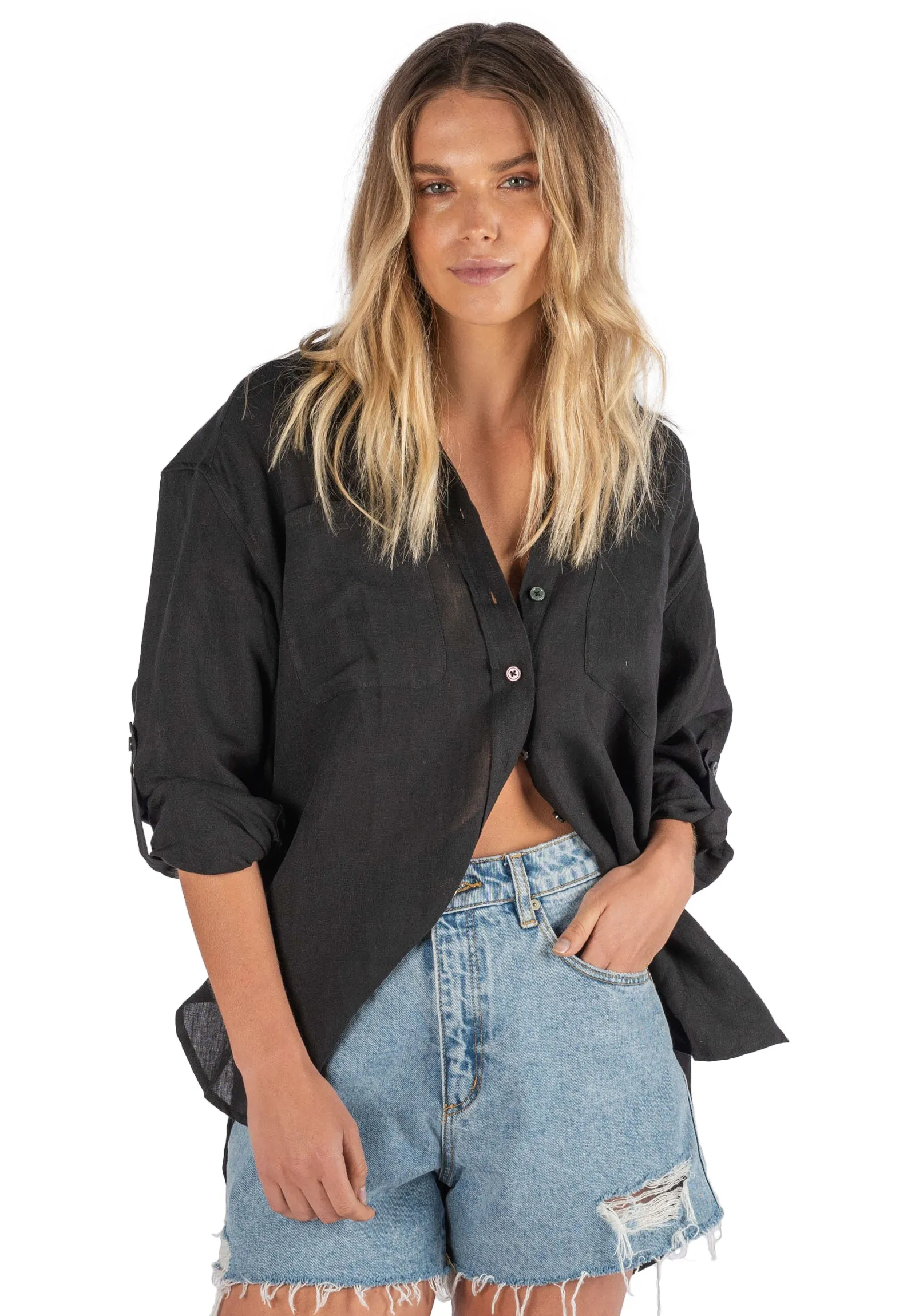 Luna Black Oversized Linen Shirt with Pockets