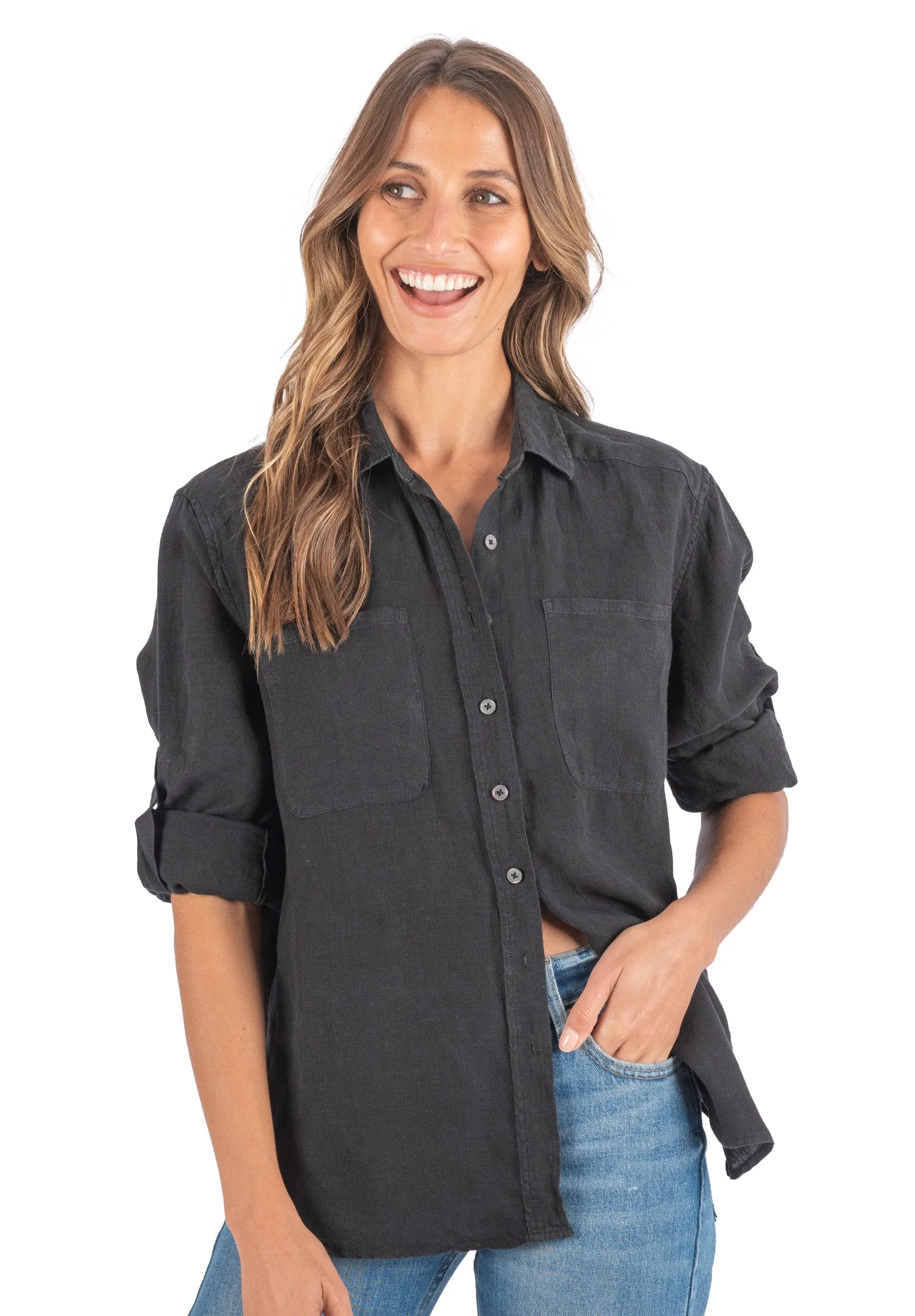 Luna Black Oversized Linen Shirt with Pockets