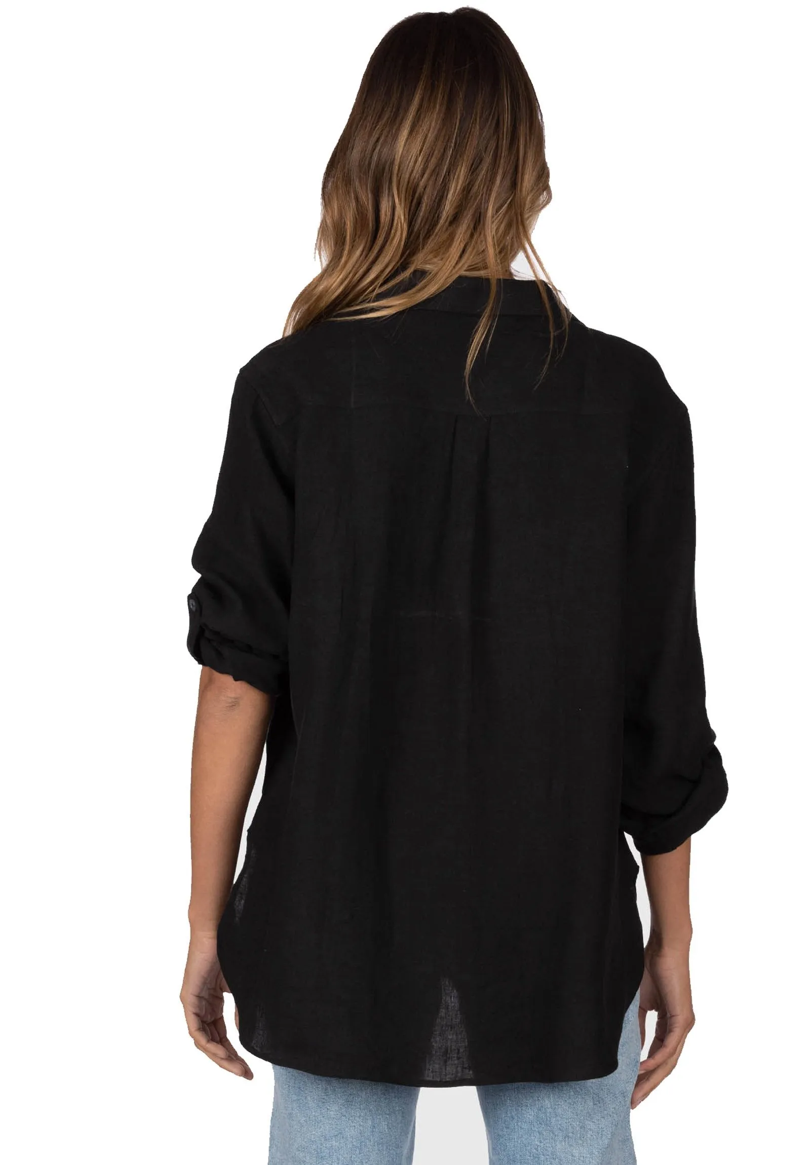 Luna Black Oversized Linen Shirt with Pockets