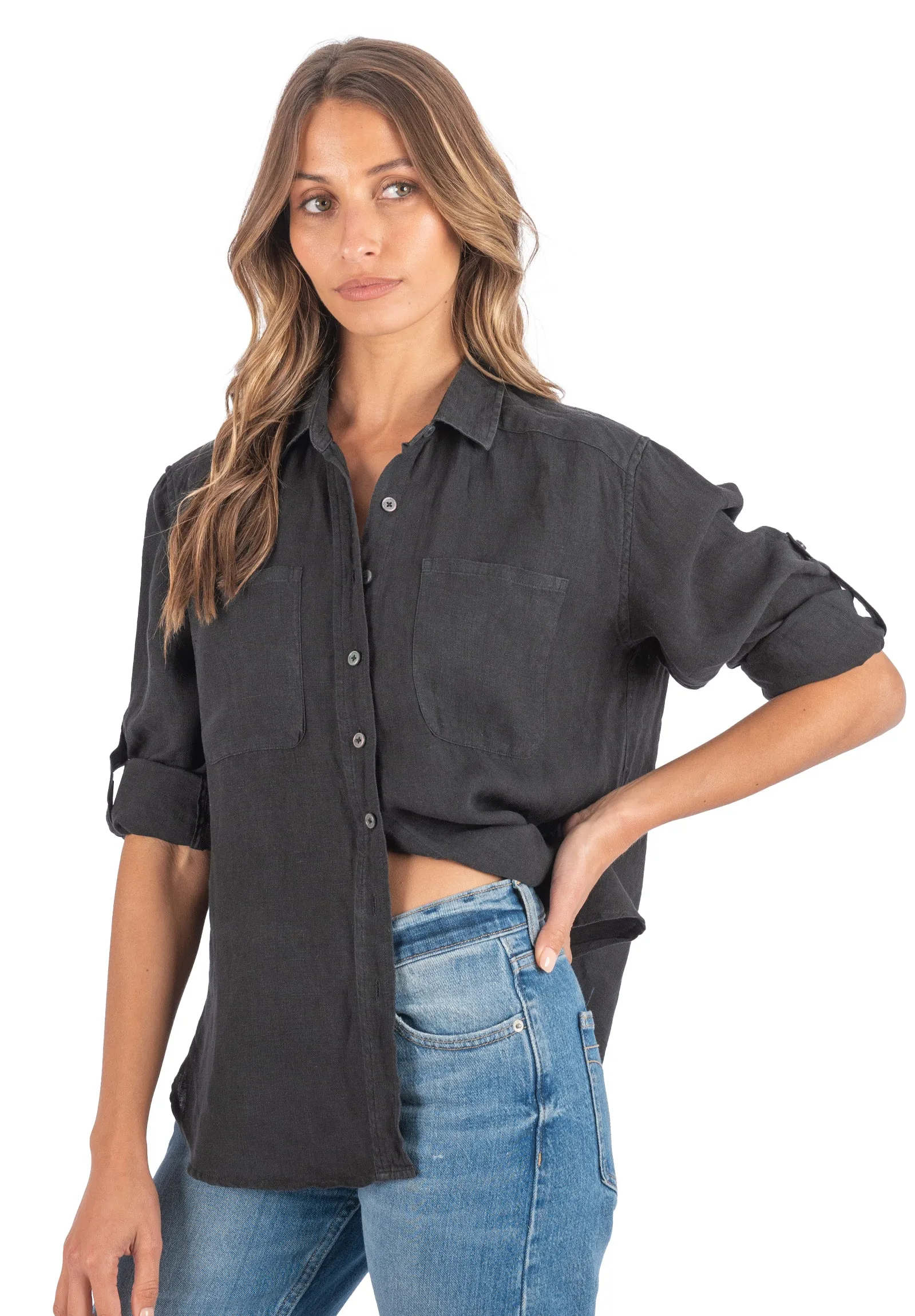 Luna Black Oversized Linen Shirt with Pockets