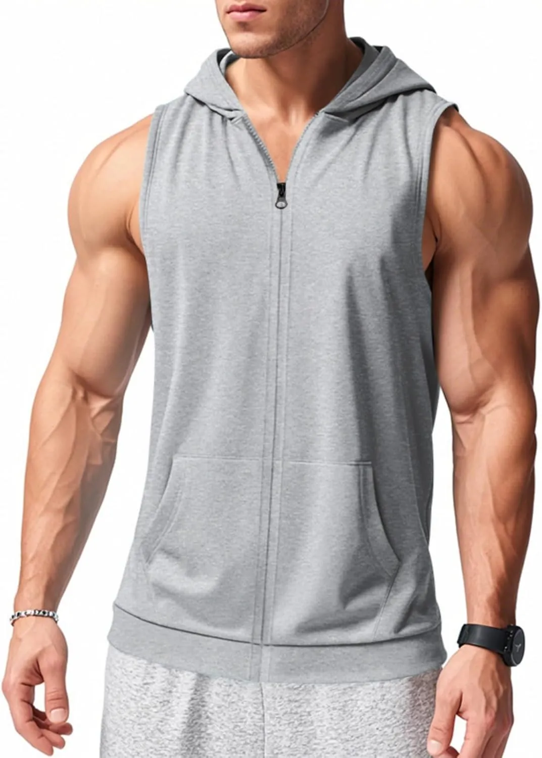 Mens Hooded Tank Tops Sleeveless Sweatshirt Lightweight Zip Up Vest Hoodie
