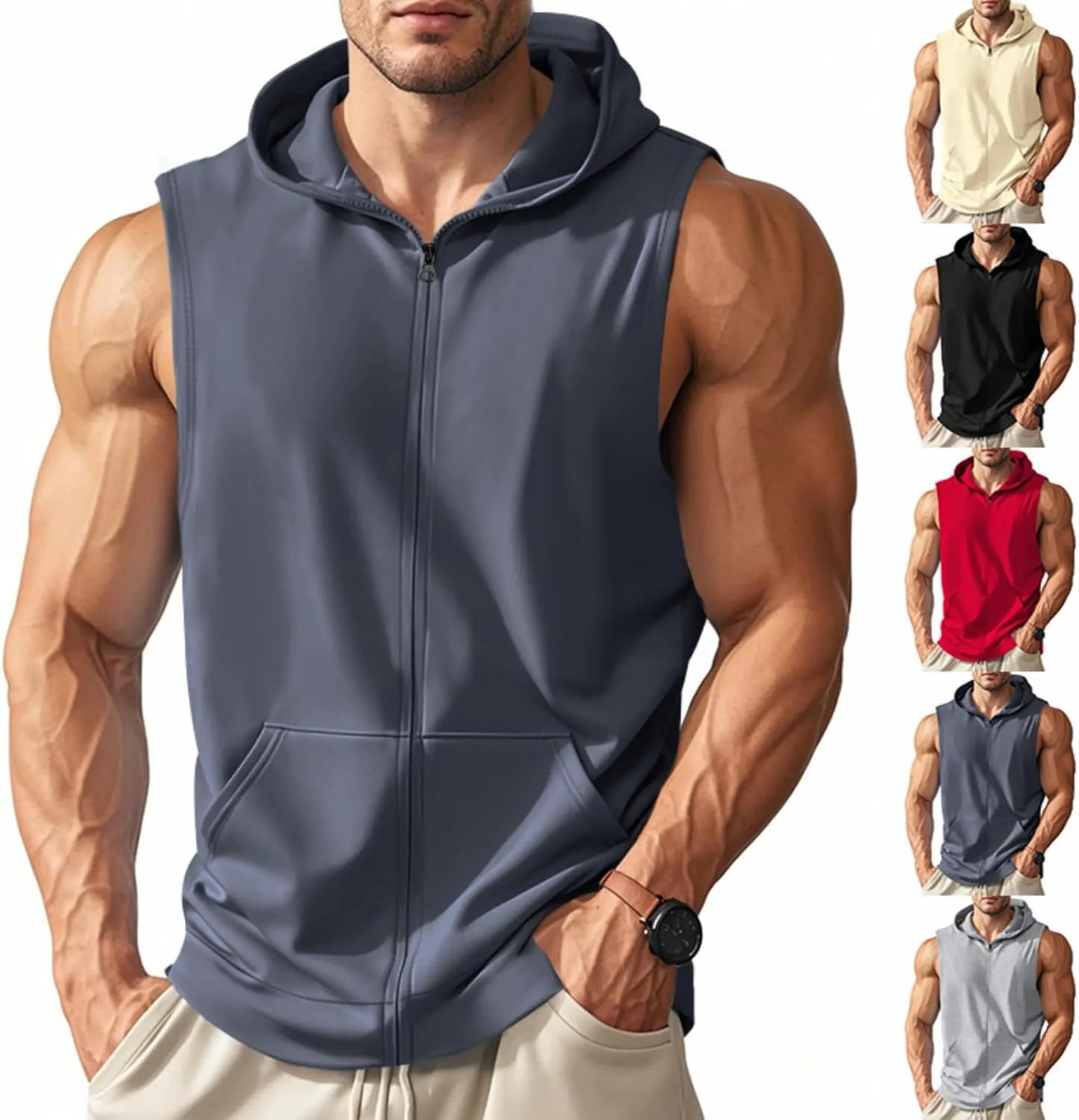 Mens Hooded Tank Tops Sleeveless Sweatshirt Lightweight Zip Up Vest Hoodie