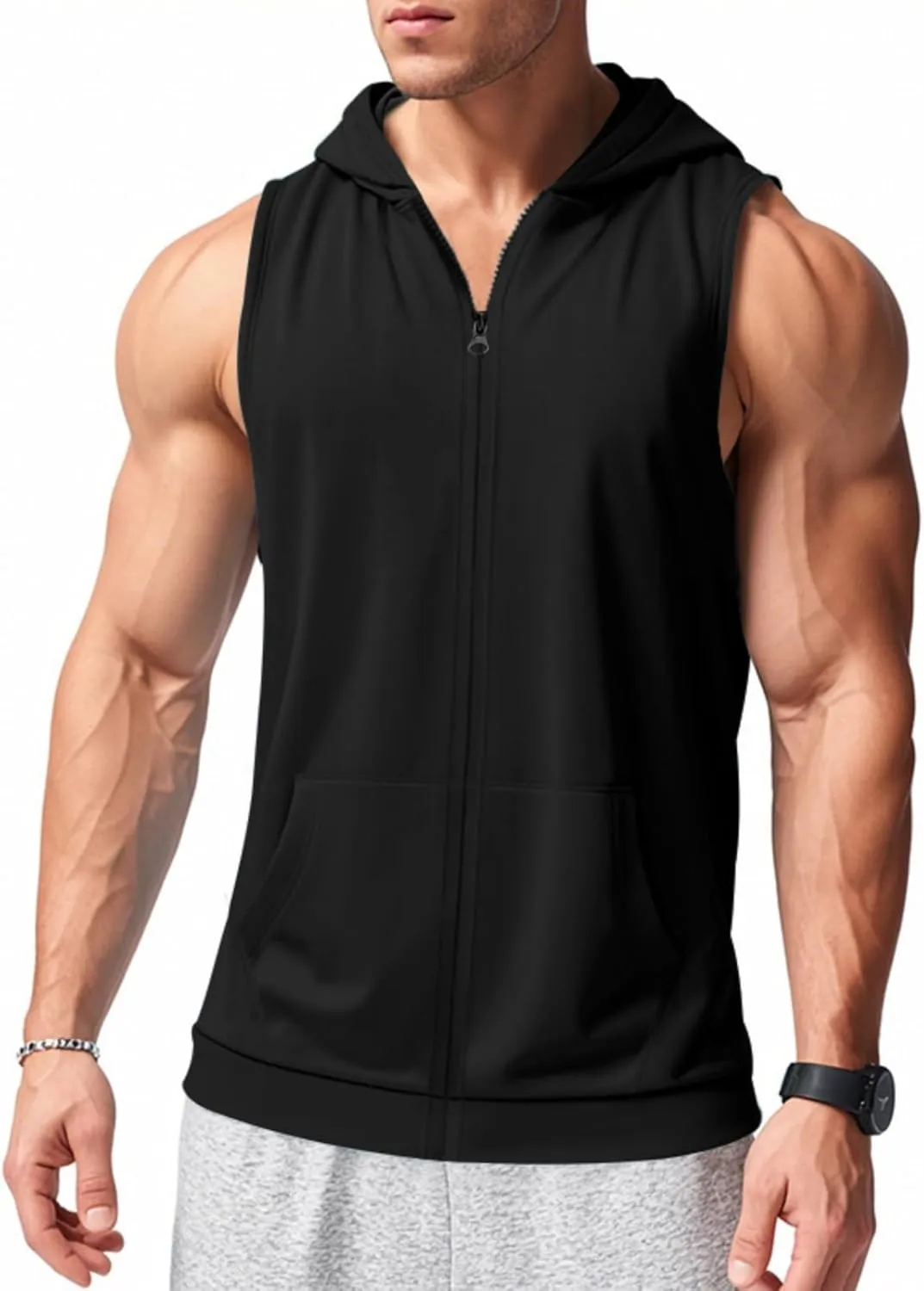 Mens Hooded Tank Tops Sleeveless Sweatshirt Lightweight Zip Up Vest Hoodie