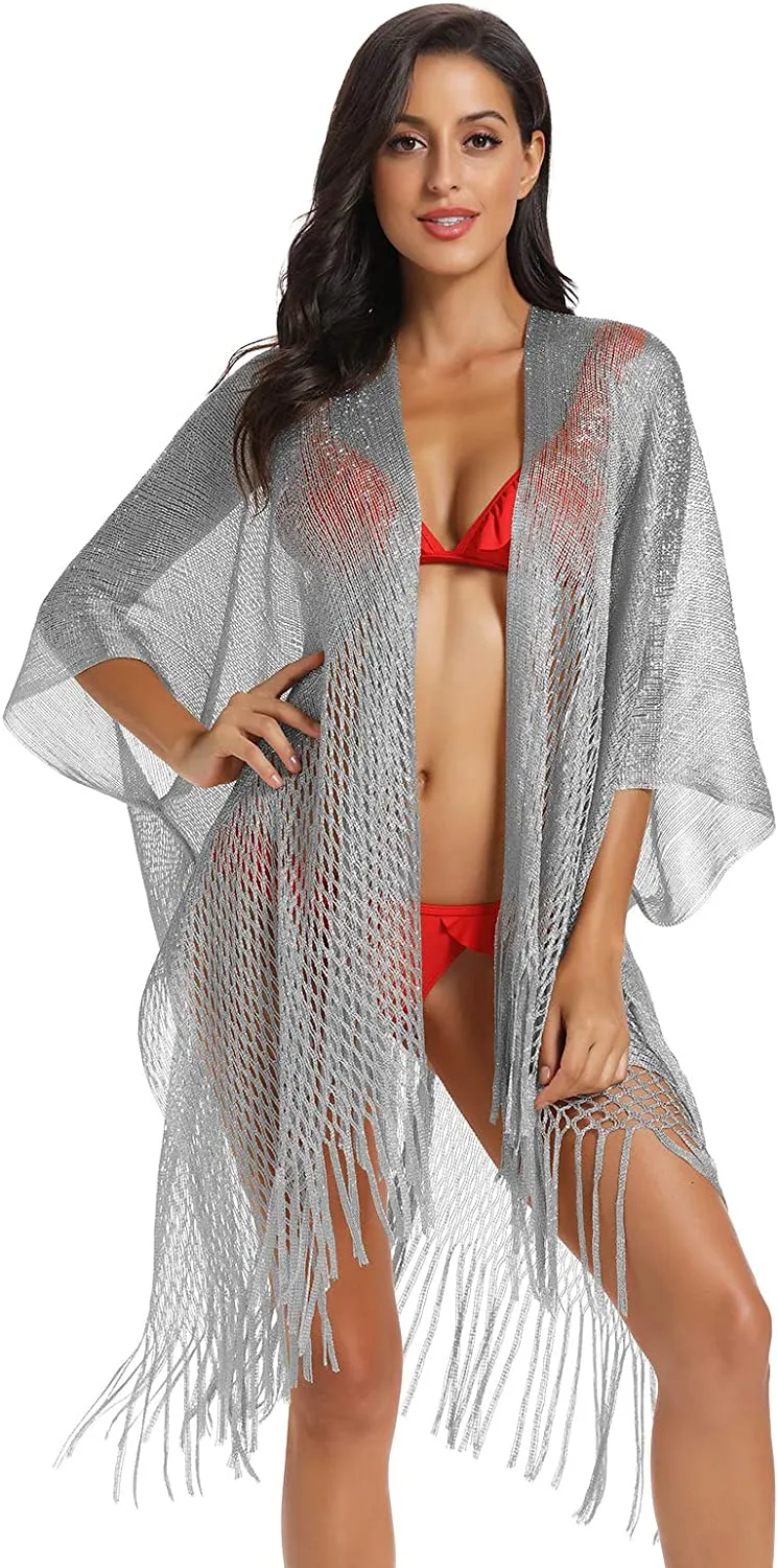 Metallic Silver Kimono Fringe Cover Up