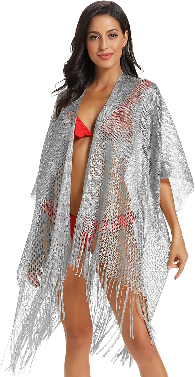 Metallic Silver Kimono Fringe Cover Up