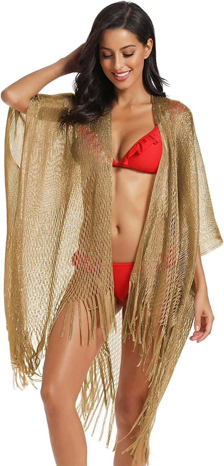 Metallic Silver Kimono Fringe Cover Up