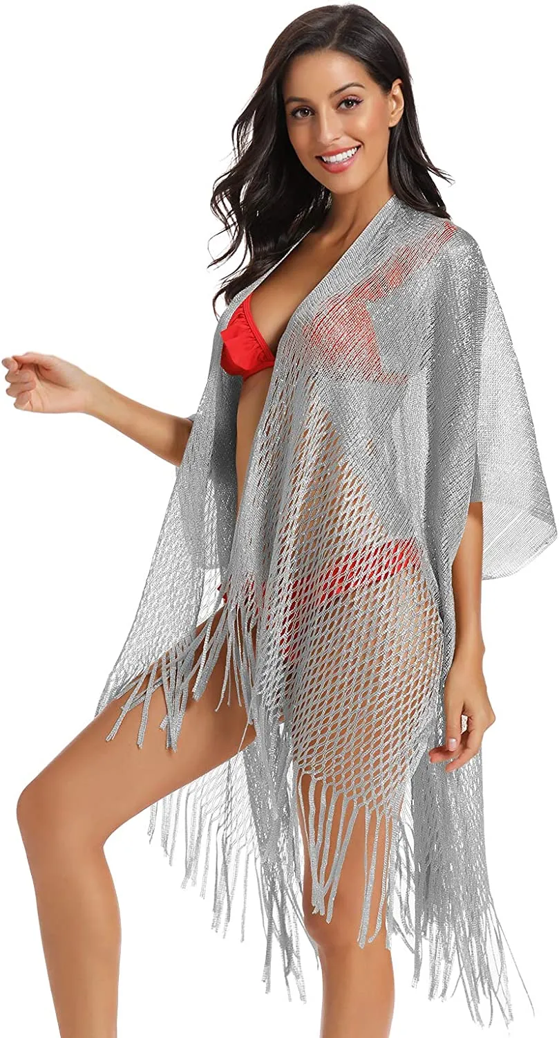 Metallic Silver Kimono Fringe Cover Up