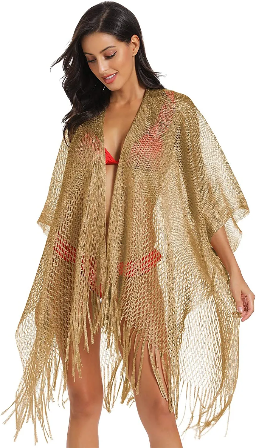 Metallic Silver Kimono Fringe Cover Up