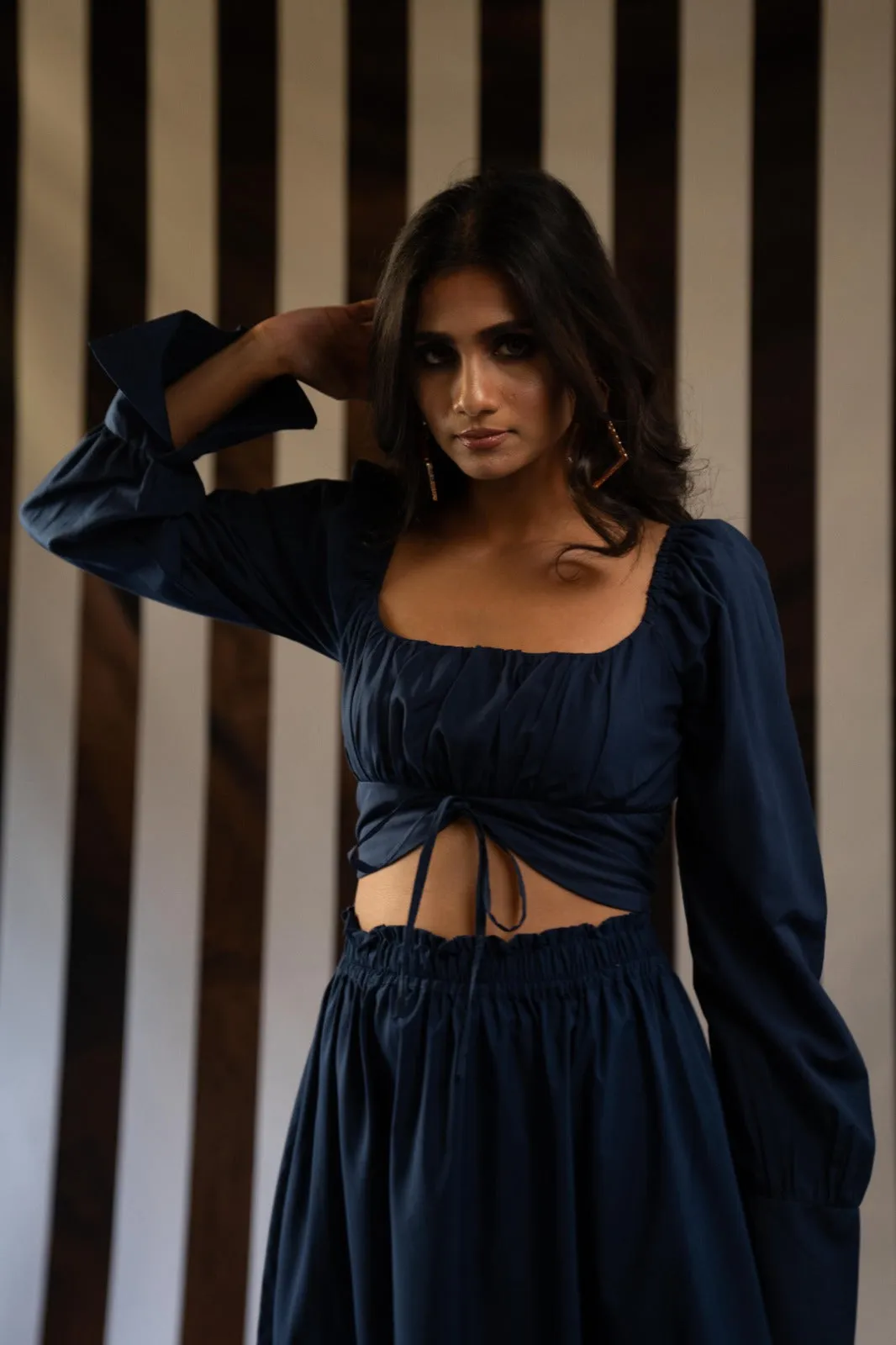 Navy Blue Long Sleeve Crop Top   Skirt Set