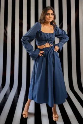 Navy Blue Long Sleeve Crop Top   Skirt Set