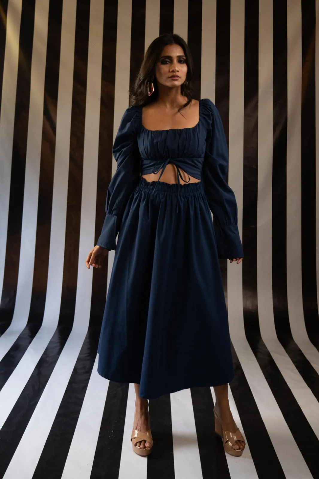 Navy Blue Long Sleeve Crop Top   Skirt Set