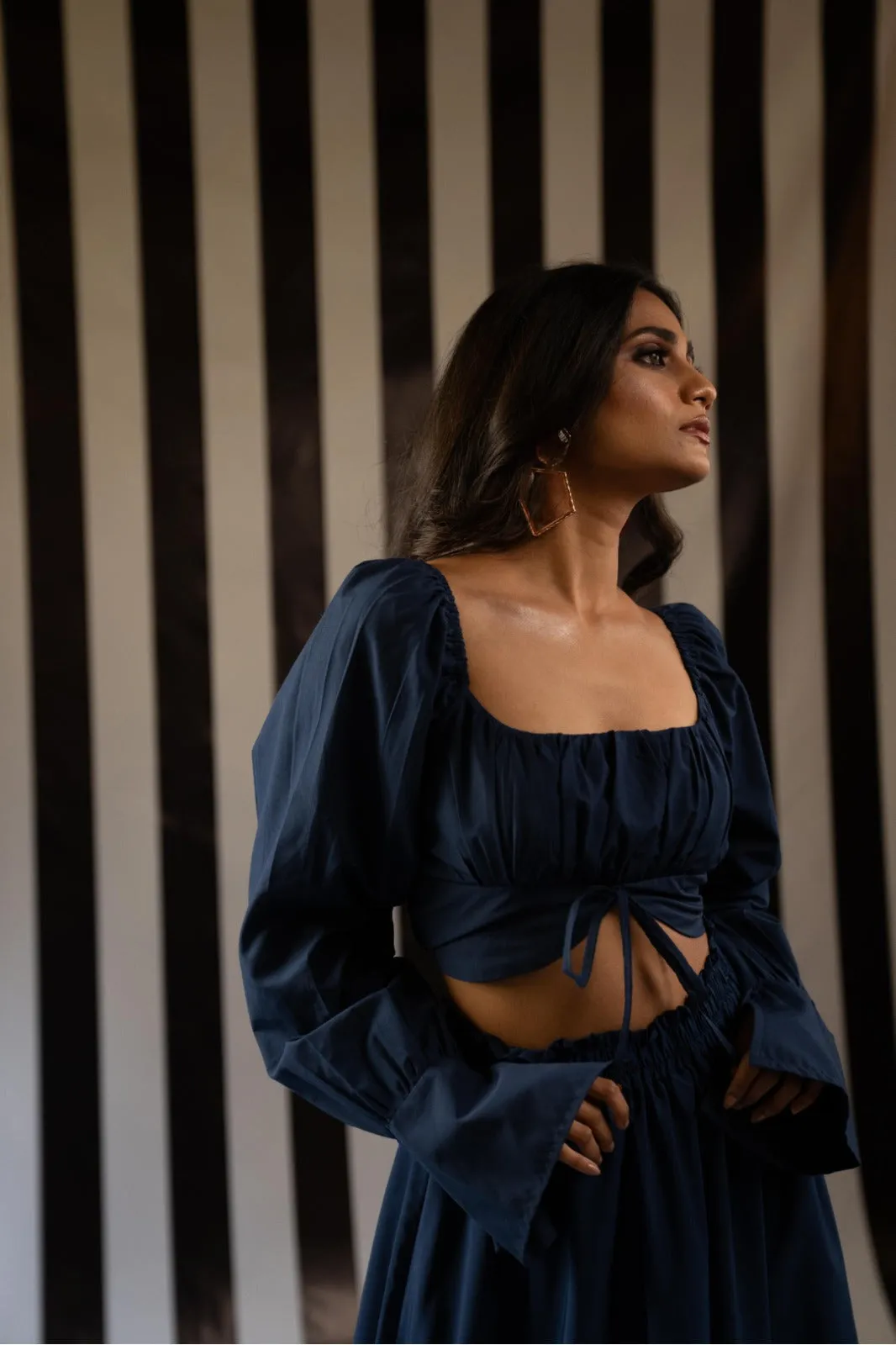 Navy Blue Long Sleeve Crop Top   Skirt Set