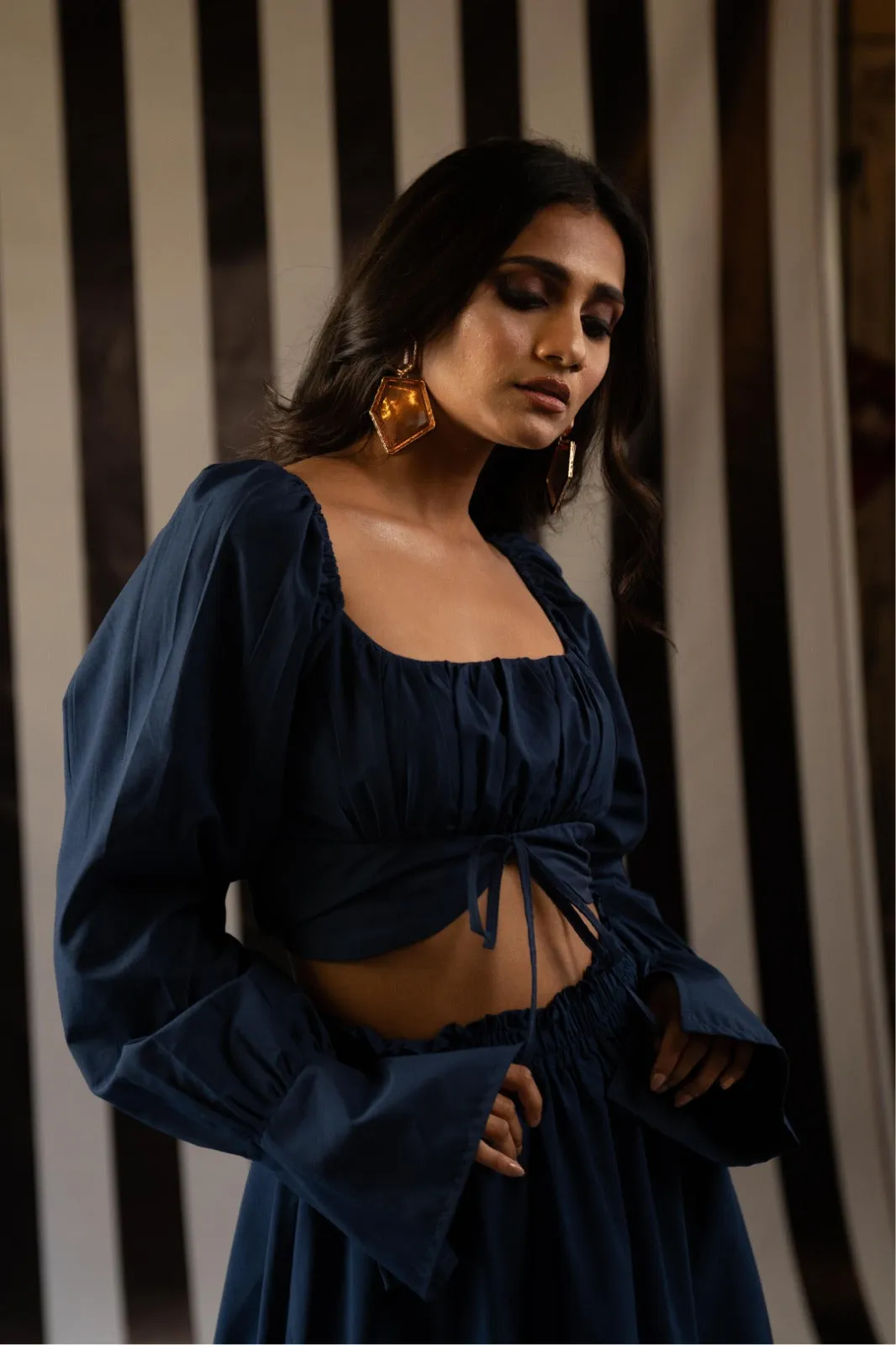 Navy Blue Long Sleeve Crop Top   Skirt Set