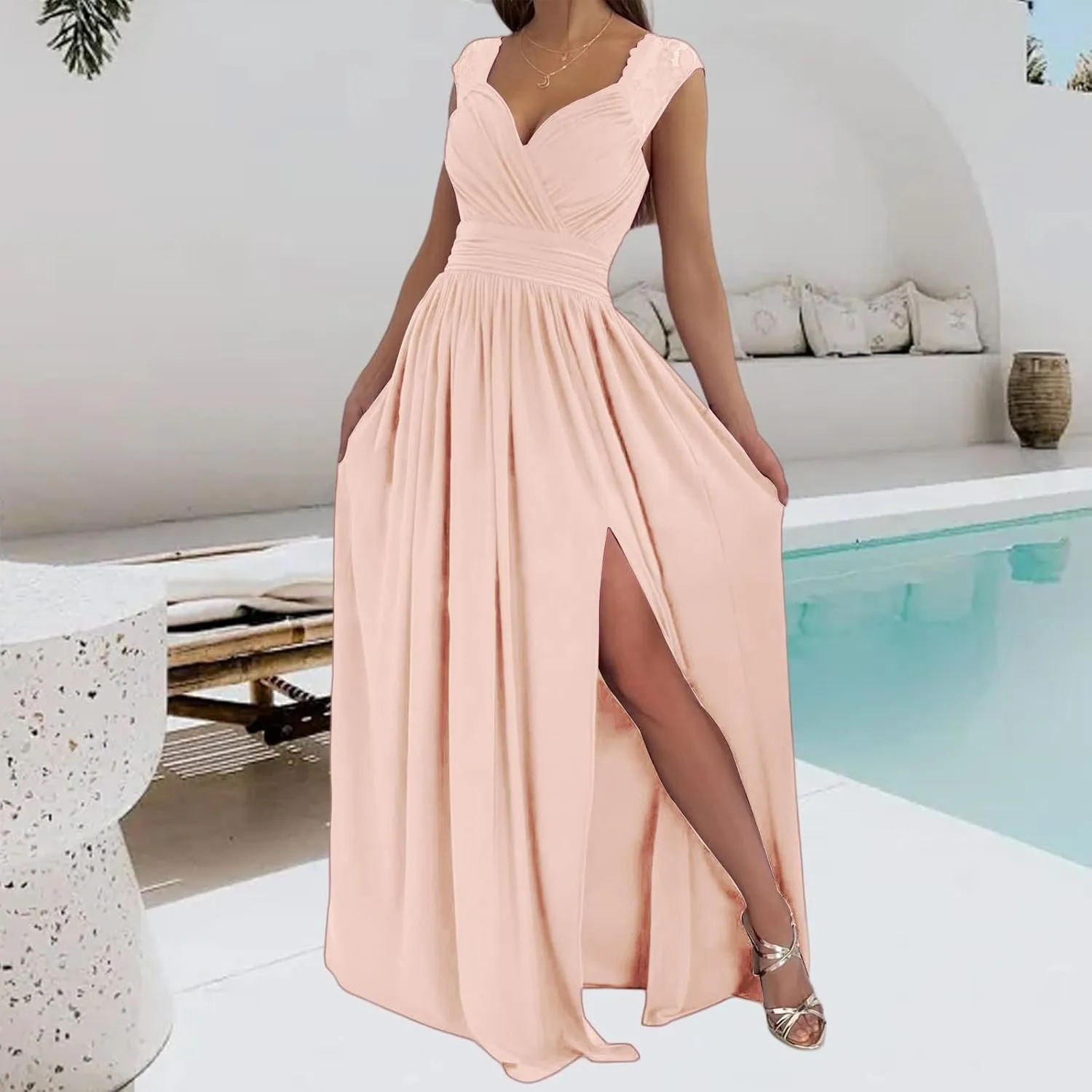 Party Dresses for Women Wrap Sleeveless Lace Strap Maxi Dress V-Neck Ruched Sexy Hem Slit Wedding Guest Dresses