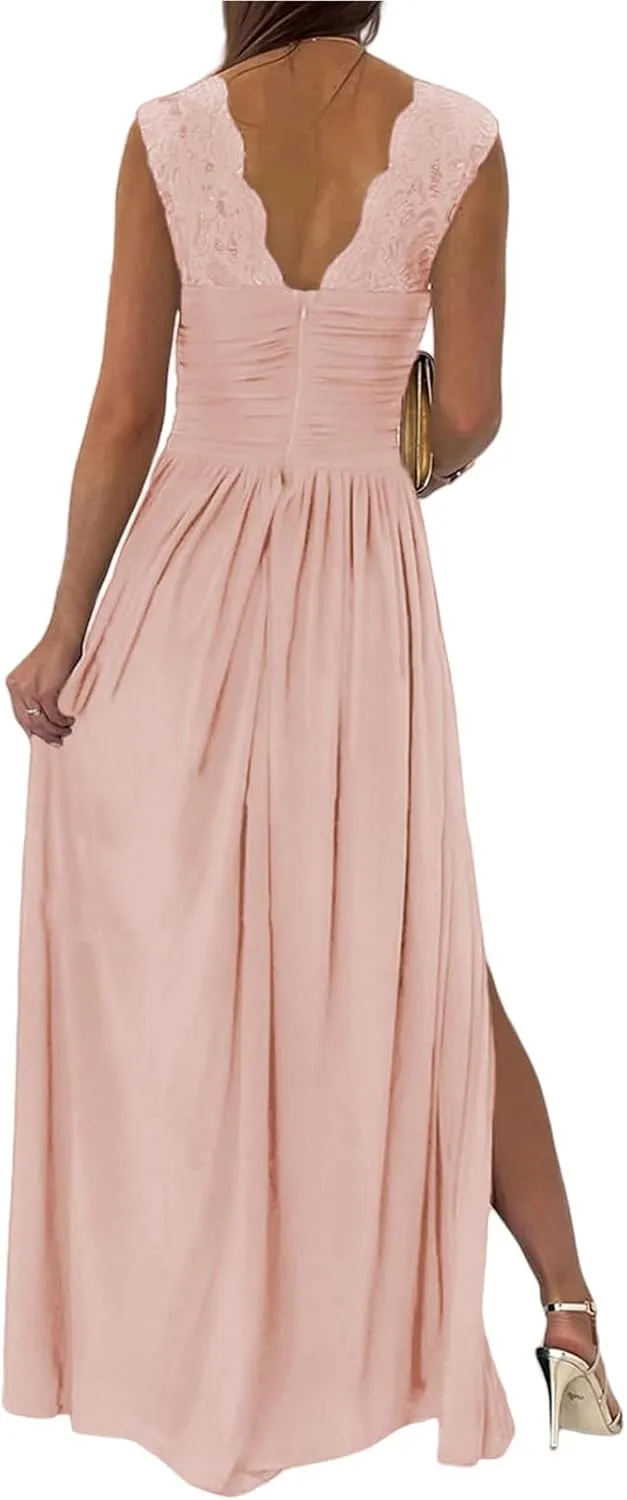 Party Dresses for Women Wrap Sleeveless Lace Strap Maxi Dress V-Neck Ruched Sexy Hem Slit Wedding Guest Dresses