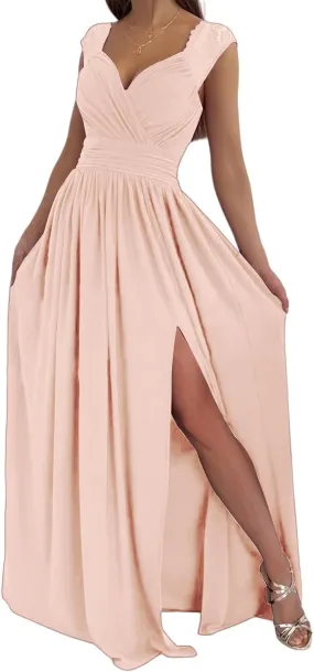 Party Dresses for Women Wrap Sleeveless Lace Strap Maxi Dress V-Neck Ruched Sexy Hem Slit Wedding Guest Dresses