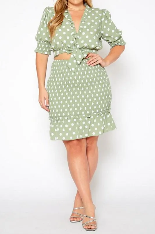 Plus Size Polka Dot Print Crop Top, Mini Skirt Set