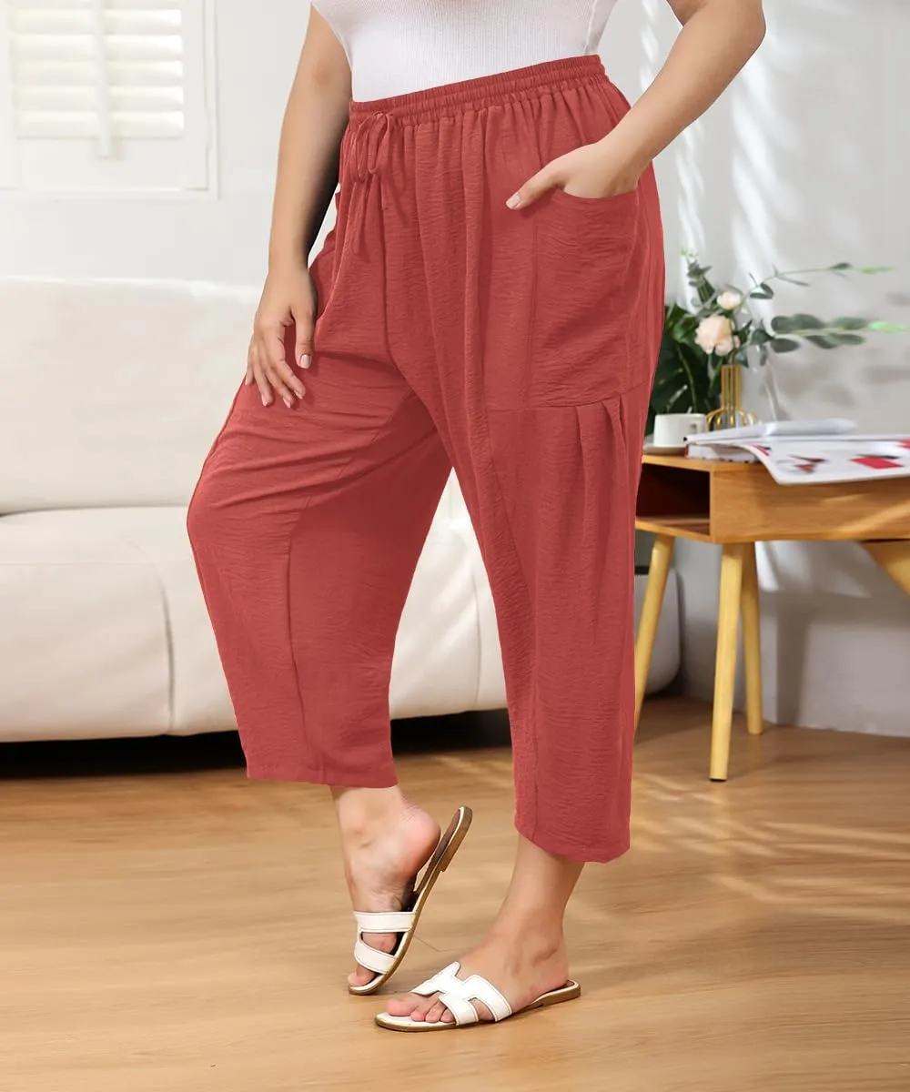 Plus Size Womens Wide Leg Pants Summer Palazzo Harem Casual Beach Pant Drawstring Loose Lightweight Vacation Pant