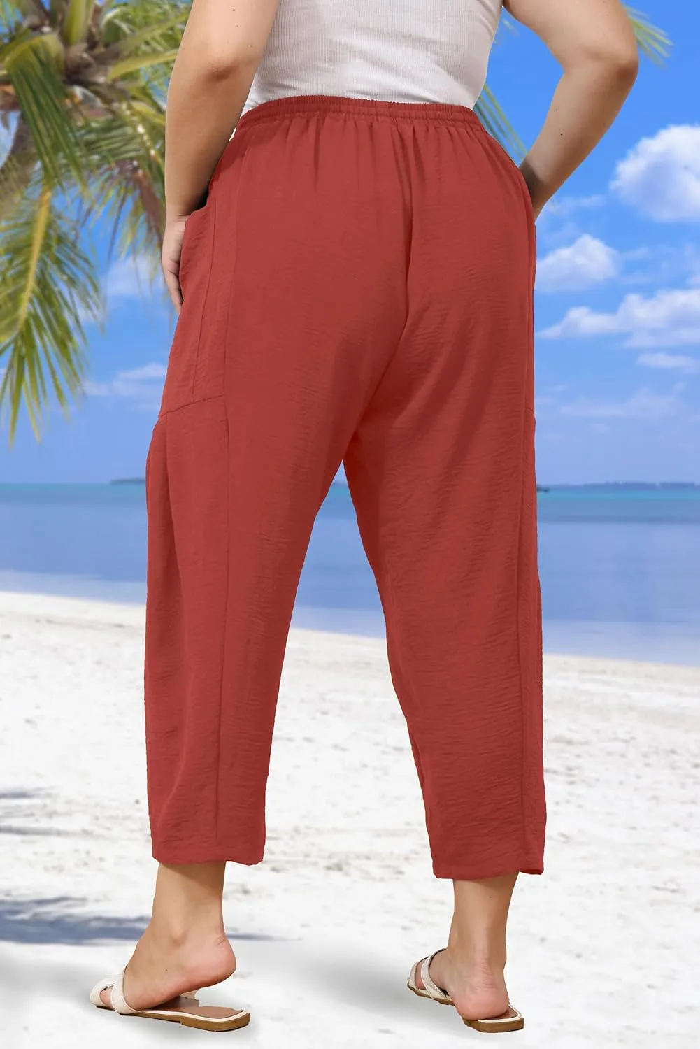 Plus Size Womens Wide Leg Pants Summer Palazzo Harem Casual Beach Pant Drawstring Loose Lightweight Vacation Pant