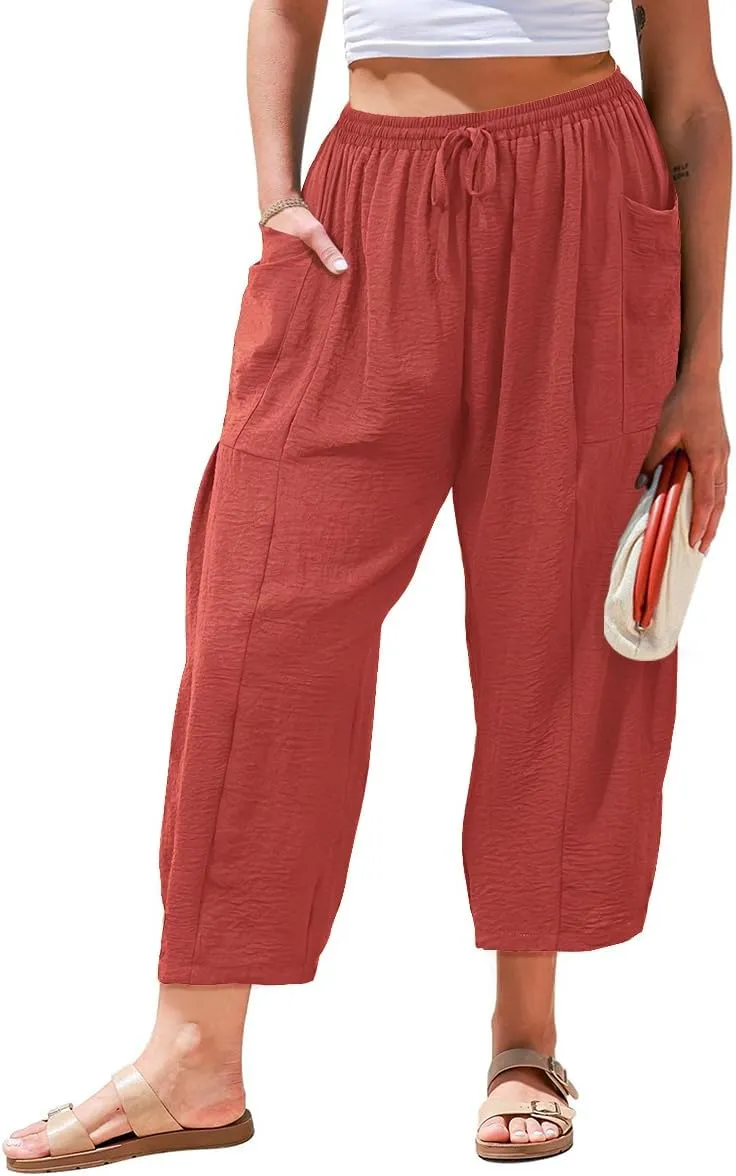 Plus Size Womens Wide Leg Pants Summer Palazzo Harem Casual Beach Pant Drawstring Loose Lightweight Vacation Pant