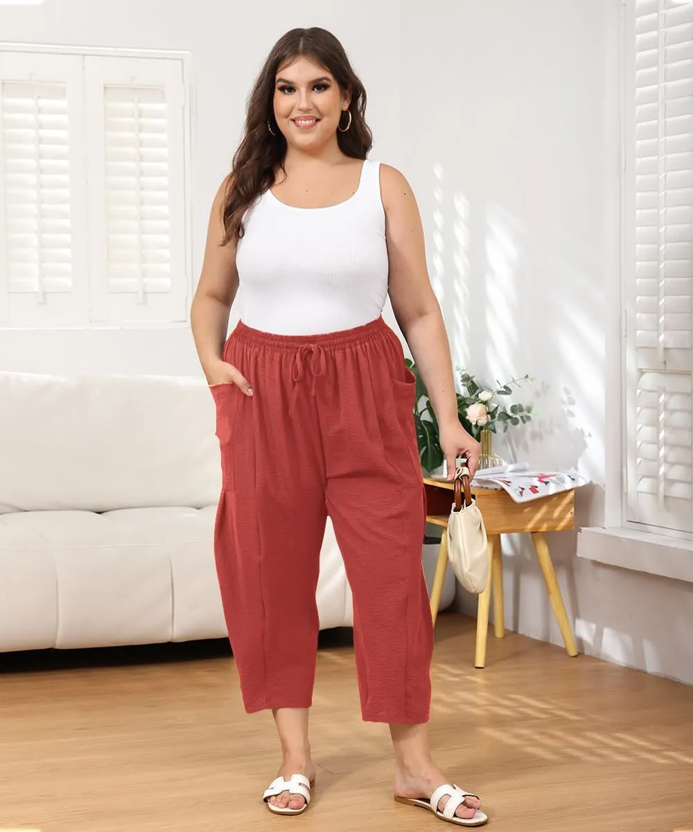Plus Size Womens Wide Leg Pants Summer Palazzo Harem Casual Beach Pant Drawstring Loose Lightweight Vacation Pant