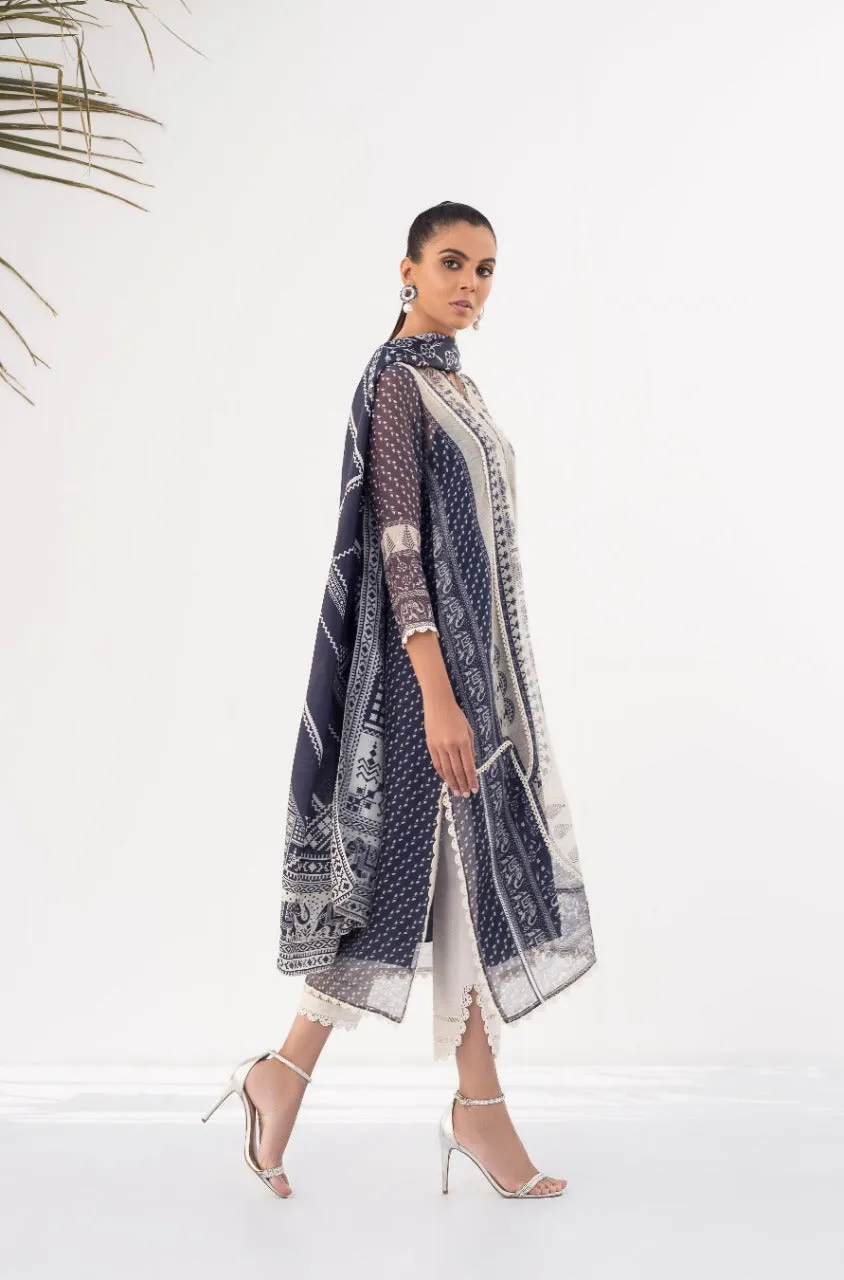 Prussian Blue Cotton Net Shirt And Raw Silk Trouser With Dupatta