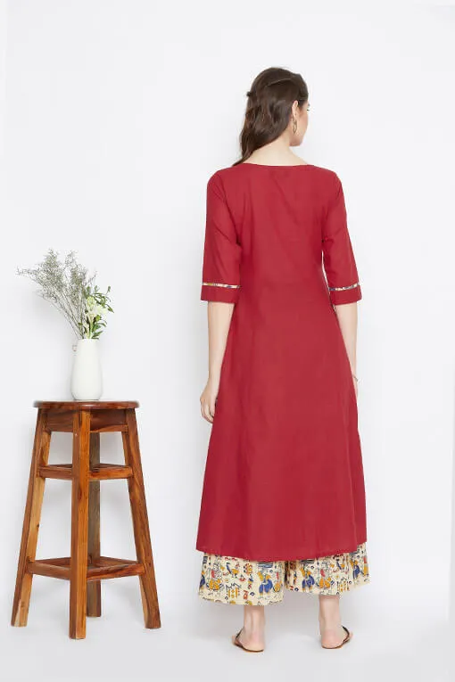 Red Kalidaar Kurta With Beige Palazzos – Set of 2