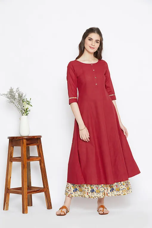 Red Kalidaar Kurta With Beige Palazzos – Set of 2