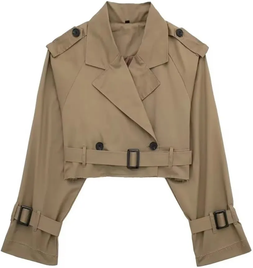 RICHTRUE Cropped Trench Coat Women Fall Coats 2024 Crop Jackets Y2k Belt Crop Trench Coat Jacket Trendy Lady Coat