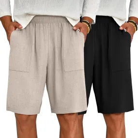 Riyiper 2 Pack Men's Big and Tall Linen Shorts, Drawstring Casual Shorts with Pockets Elastic Waist Beach Summer Shorts