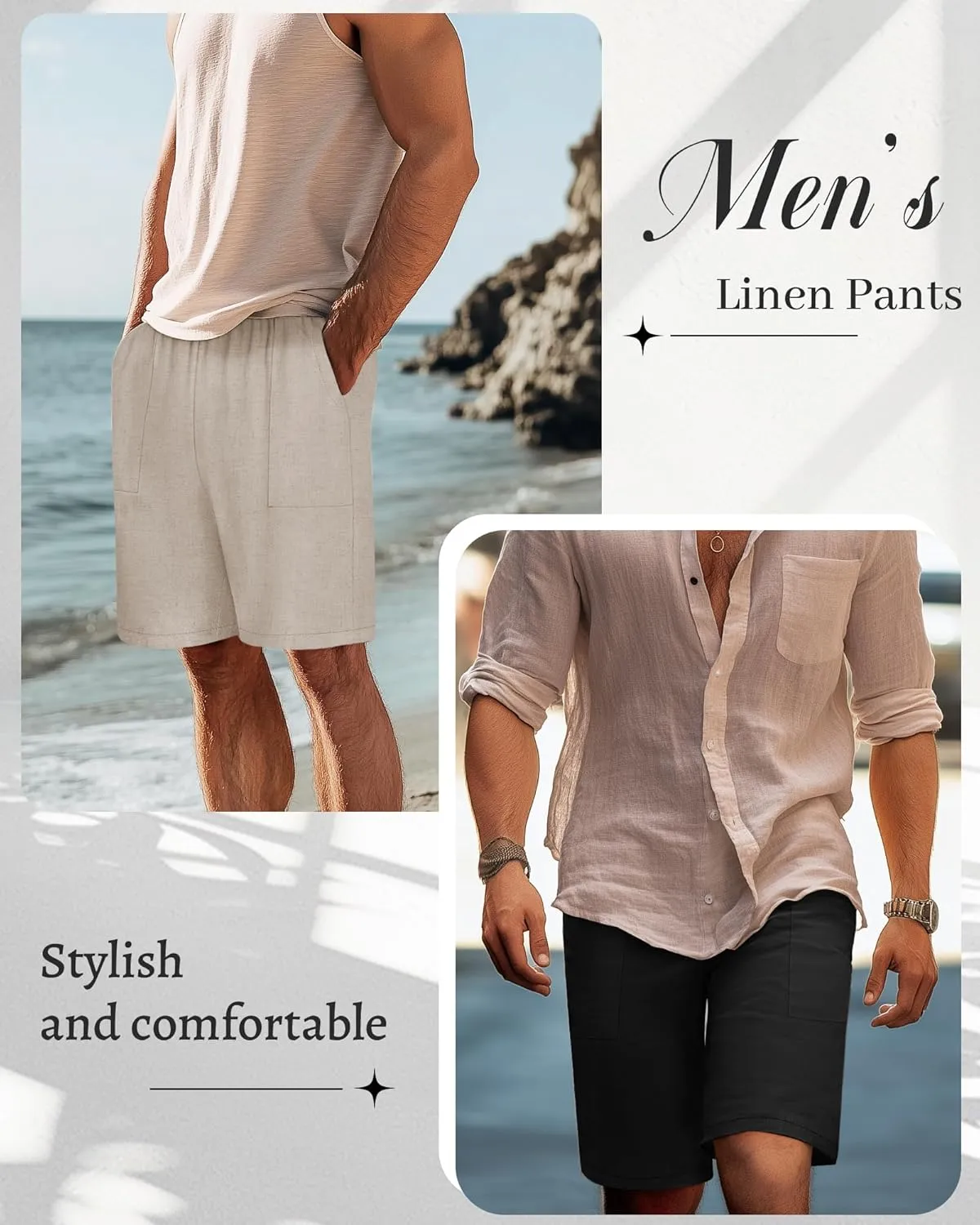 Riyiper 2 Pack Men's Big and Tall Linen Shorts, Drawstring Casual Shorts with Pockets Elastic Waist Beach Summer Shorts