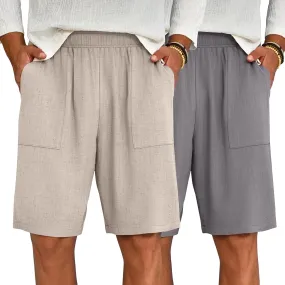 Riyiper 2 Pack Men's Big and Tall Linen Shorts, Drawstring Casual Shorts with Pockets Elastic Waist Beach Summer Shorts