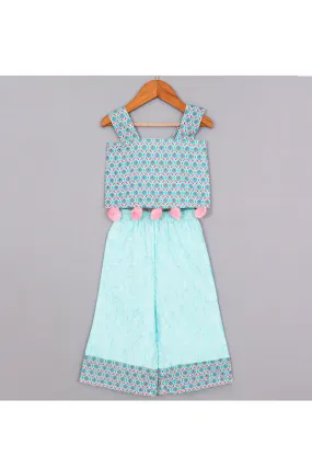 Sea Green Printed Cotton Sleeveless Top With Palazzo Set