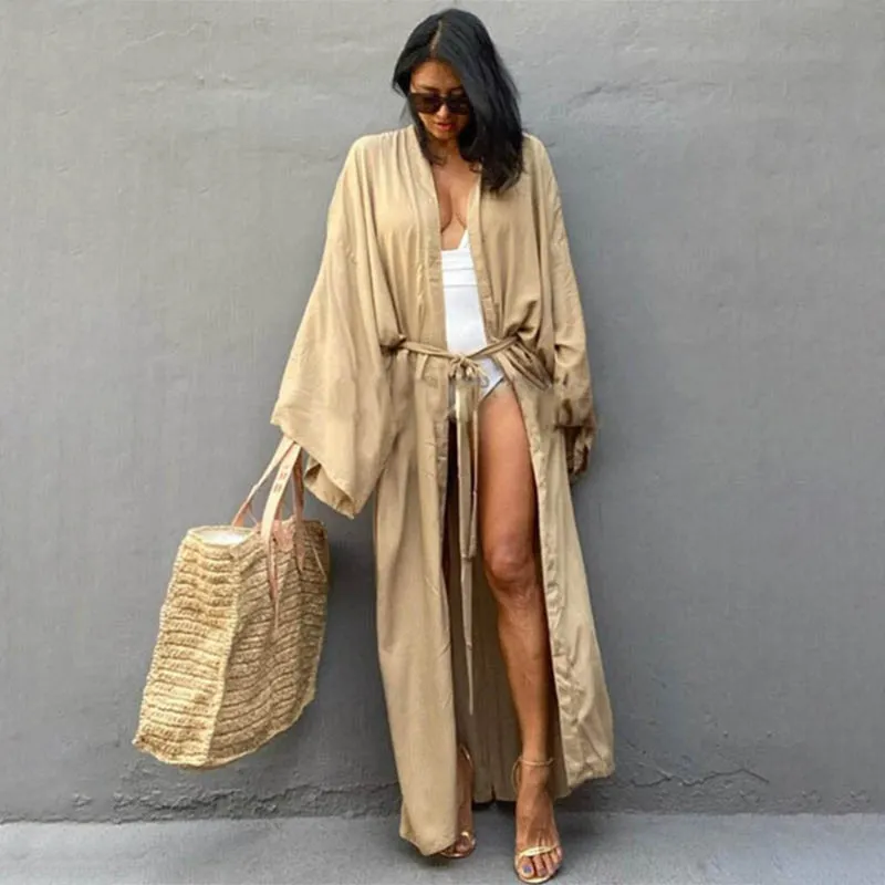 Solid Color Robe Style Beachwear Cover-Up with Belt