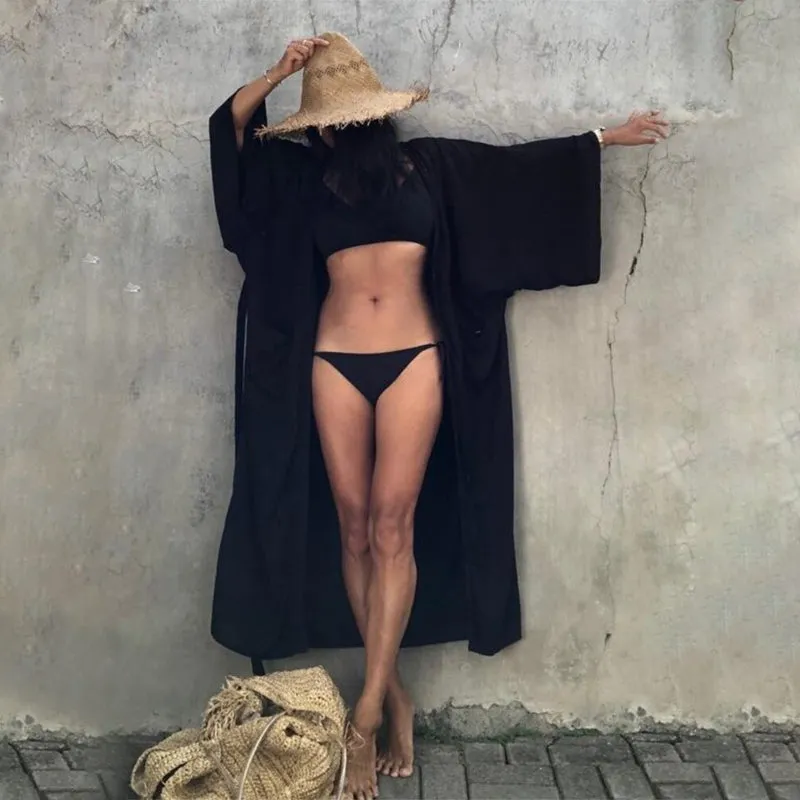 Solid Color Robe Style Beachwear Cover-Up with Belt
