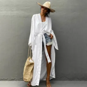 Solid Color Robe Style Beachwear Cover-Up with Belt
